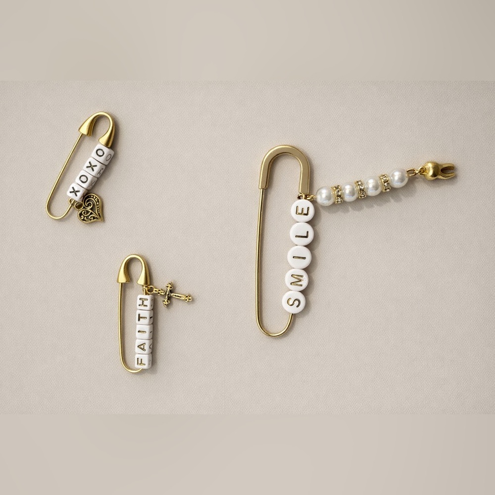 Safety Pin Charms with White Letter Beads - SMILE, FAITH, XOXO. Sold separately.